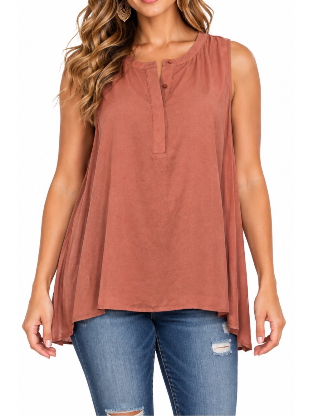 Pleione Rust Sleeveless Henley Tunic Top- Medium